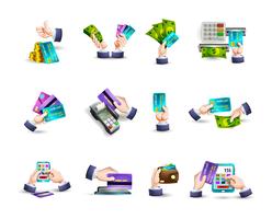 Hands credit card payment icons set vector