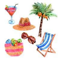 Tropical vacation travel watercolor icons set vector