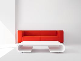 Sofá rojo y mesa blanca interior.