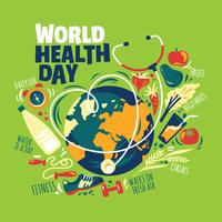 Ilustración del día mundial de la salud con estilo de vida saludable y fondo de la tierra