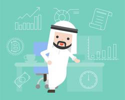 Arab Smart Businessman with office desk and business symbol icon, flat design vector