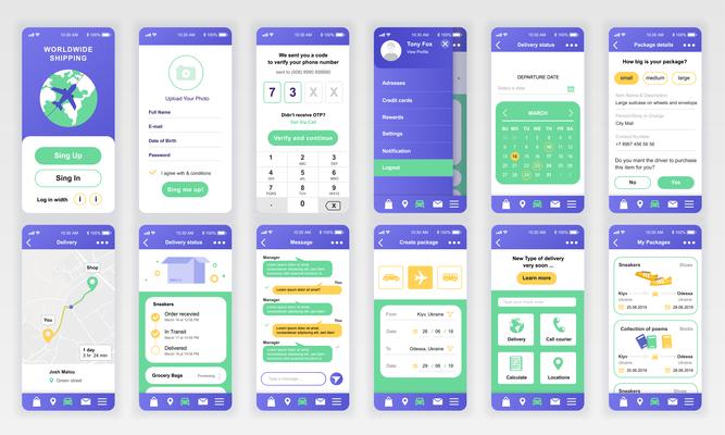 Set of UI, UX, GUI screens Delivery app flat design template for mobile apps, responsive website wireframes. Web design UI kit. Delivery Dashboard.