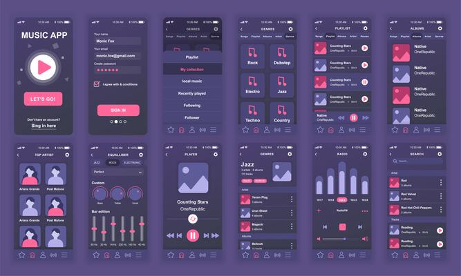 Set of UI, UX, GUI screens Music app flat design template for mobile apps, responsive website wireframes. Web design UI kit. Music Dashboard.