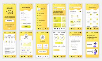 El conjunto de UI, UX, GUI muestra la plantilla de diseño plano de la aplicación educativa para aplicaciones móviles, sitios web receptivos. Diseño web kit de interfaz de usuario. Tablero de la educación. vector