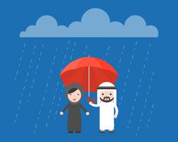 Arab businessman sharing an umbrella with Arab woman vector
