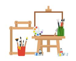 Art equipment, painting board, color tube, palette and bucket of brushes vector
