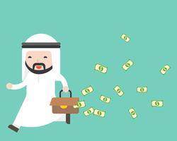 Arab businessman running with leak money bag vector