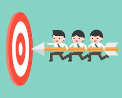 Tiny businessmen carrying arrow to reach goal board vector