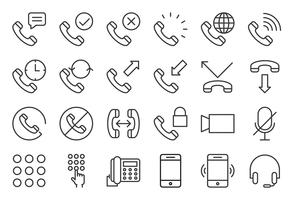 Conjunto básico de iconos de teléfono y llamada, estilo de contorno vector