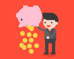 Businessman carrying piggy bank and gold coins, saving money concept vector