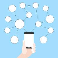 Hand holding mobile phone with blank circle social network graph, flat design vector