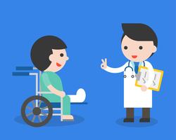 Doctor and broken leg patient in wheelchair, flat design about accident insurance  vector