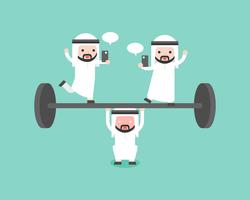 Arab businessman try to weigh lifting barbell with another playing cellphone on barbell vector