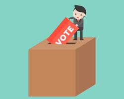Hombre minúsculo dejando caer la boleta electoral en una caja grande, concepto de votación y elección vector