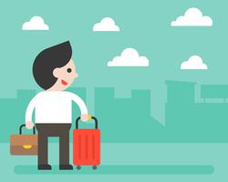 Businessman and luggage on city background, for banner or poster vector
