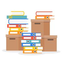 Stack of folder, books and paper boxes, flat design