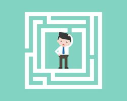 Confused Businessman in labyrinth, flat design solution concept vector