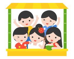 Happy people with Thai summer costume in  bamboo stall vector