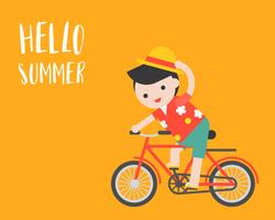 Man with beach shirt riding a bicycle, hello summer concept vector