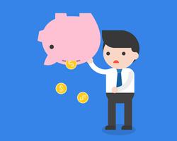 Businessman carrying piggy bank and gold coins, failure saving money concept vector