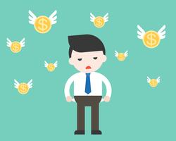 Businessman has no money with flying coin vector