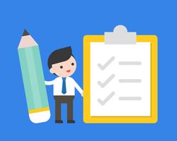 Empresario sostener lápiz con lista de verificación, encuesta y hacer el concepto de lista vector