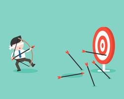 Blind businessman try to use bow and arrow for archery but missing the goal  vector