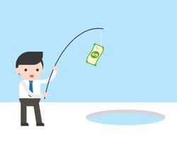 Businessman use banknote and fishing rod for fishing in ice hole, business situation vector