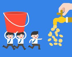 Businessman’s team carry a bucket to money tap, business concept vector