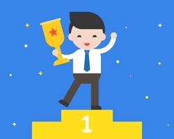 Businessman holding gold award cup, be a successful concept flat design
