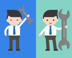 Cute Businessman or manager holding wrench, ready to use character vector