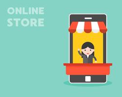 Businesswoman in mobile stall, online store concept vector