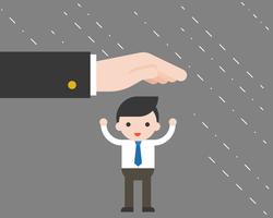 Supporter big hand protect tiny Businessman from raining, business situation concept vector