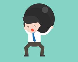 Depressed Businessman or manager lift big hard iron ball over back, burden concept vector