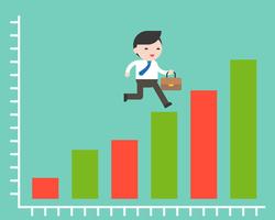 Tiny businessman running and skipping on bar chart of graph vector