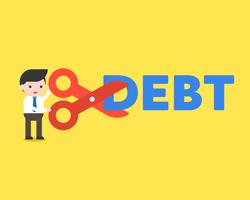 Empresario sosteniendo tijera corte deuda alfabeto, concepto de negocio de reducción de costos vector