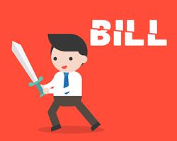 Businessman using sword cut bill headline in two peices, cost reduction concept vector