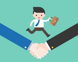 Business man run with bag on handshake, successful deal cooperation  vector