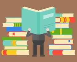 Man reading book in front of  pile of books, wisdom concept and world’s book day vector