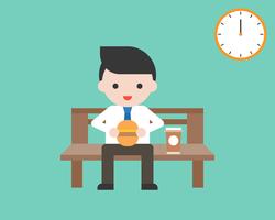 Business man eating hamburger and coffee on bench at lunch on time, flat design vector