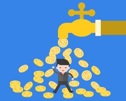Business man under falling coins from water tab vector