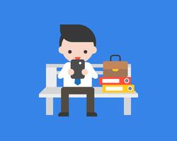 Businessman sit on bench playing cellphone, flat design vector