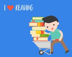 Man carry a pile of book with cart, world book day concept vector