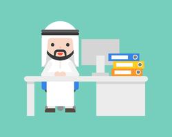 Cute arab business man sit at desk, business situation workplace concept vector