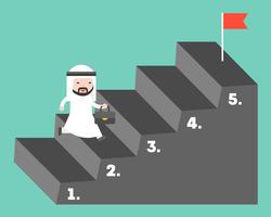 Cute Arab businessman climbing up step to reach goal vector
