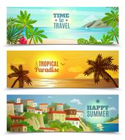 Conjunto de banners de vacaciones de paraíso tropical de agencia de viajes. vector
