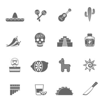 Mexican culture symbols black icons set vector