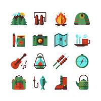 Camping senderismo conjunto de iconos planos vector