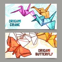 Conjunto de banners de mariposas y grullas de origami. vector