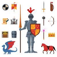 Conjunto de iconos planos de caballeros del reino medieval vector